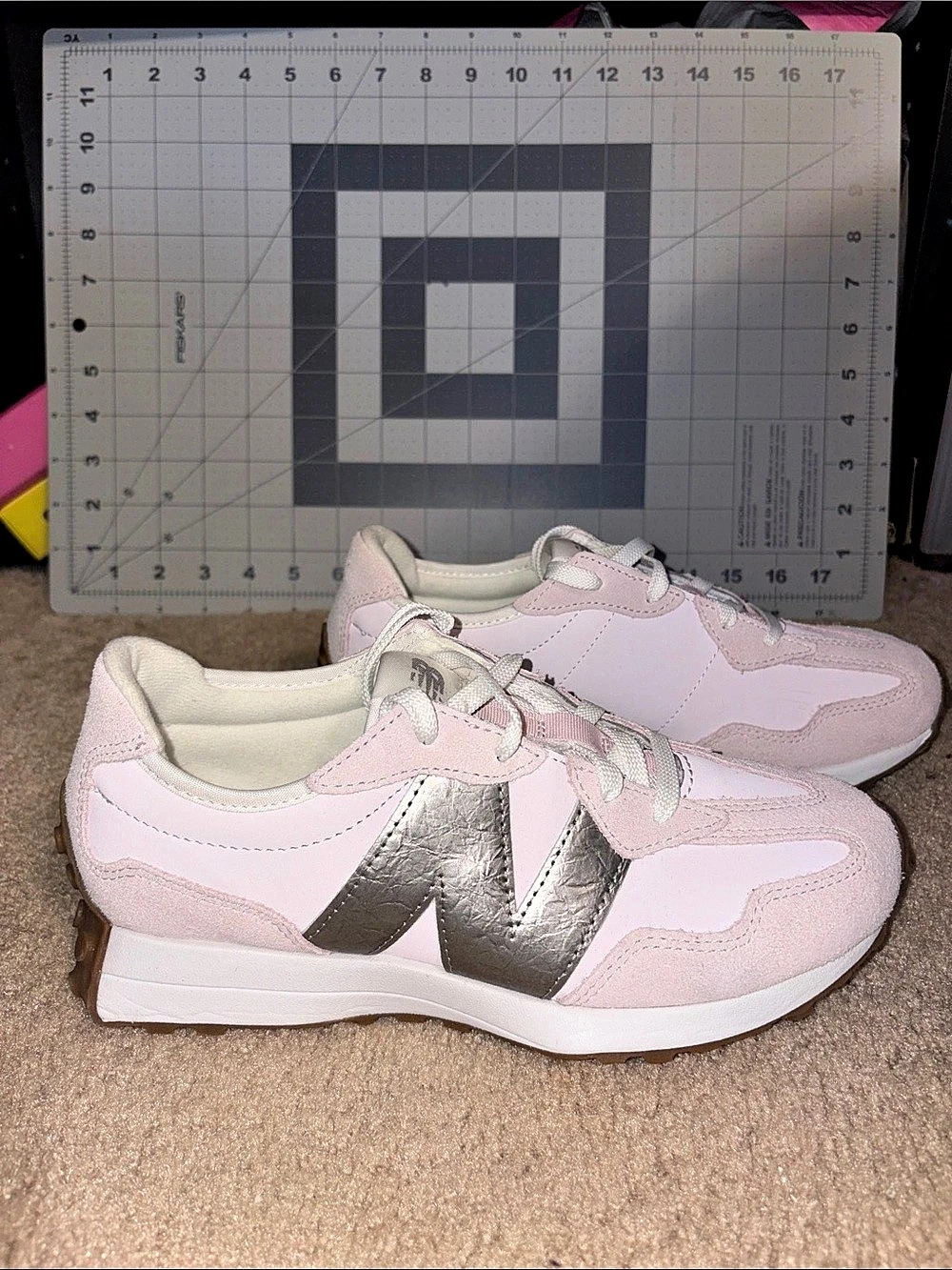 New Balance 327 Silver Metallic Sea Salt Pink & White Sneakers